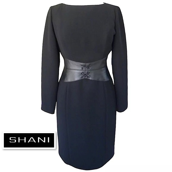 NWT SHANI Black Long Sleeve Sheath Pencil Dress Leather Corset Waist 12 Vintage - Picture 1 of 16